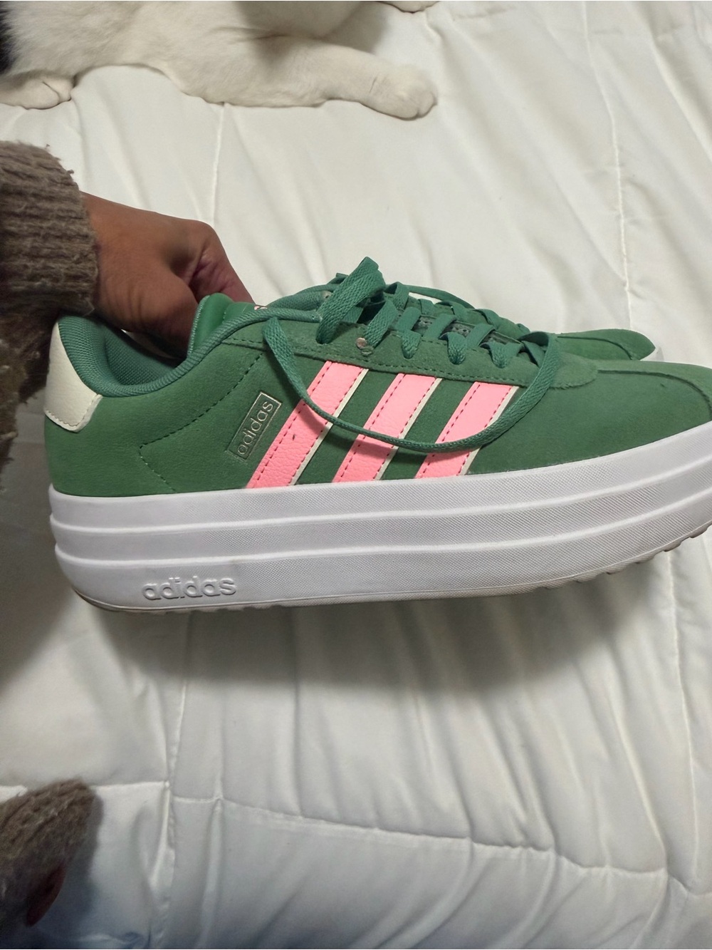 adidas Green Sneakers with Pink Stripes - Women's Lace-Up Casual - Picture 3 of 7